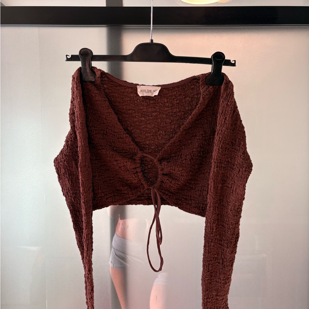 Brown Textured Long Sleeve Crop Top